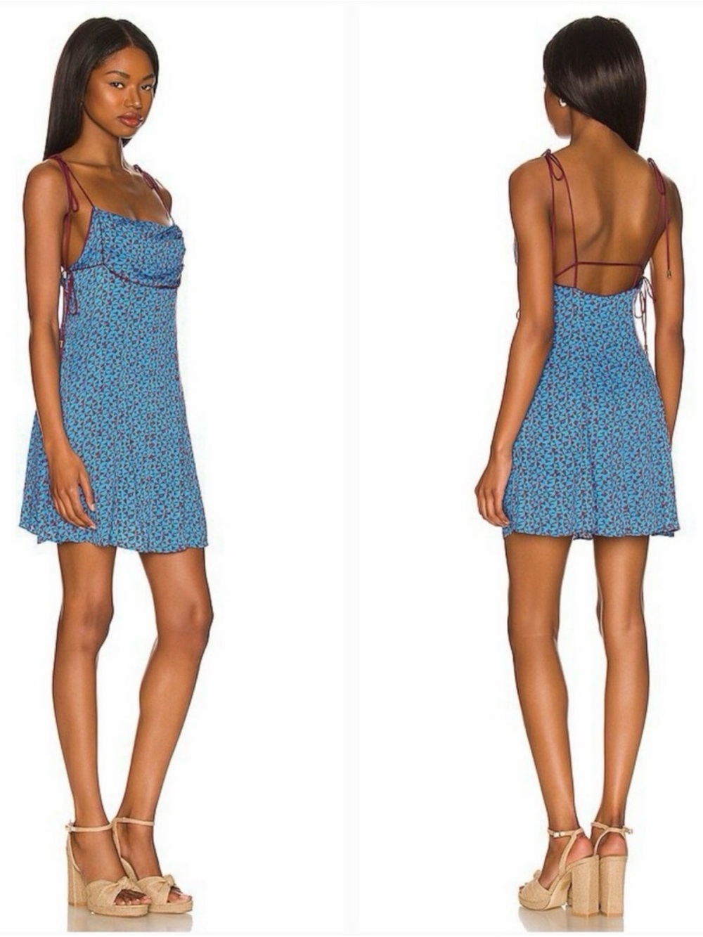 Free People Blue Floral Mini Dress with Burgundy Straps